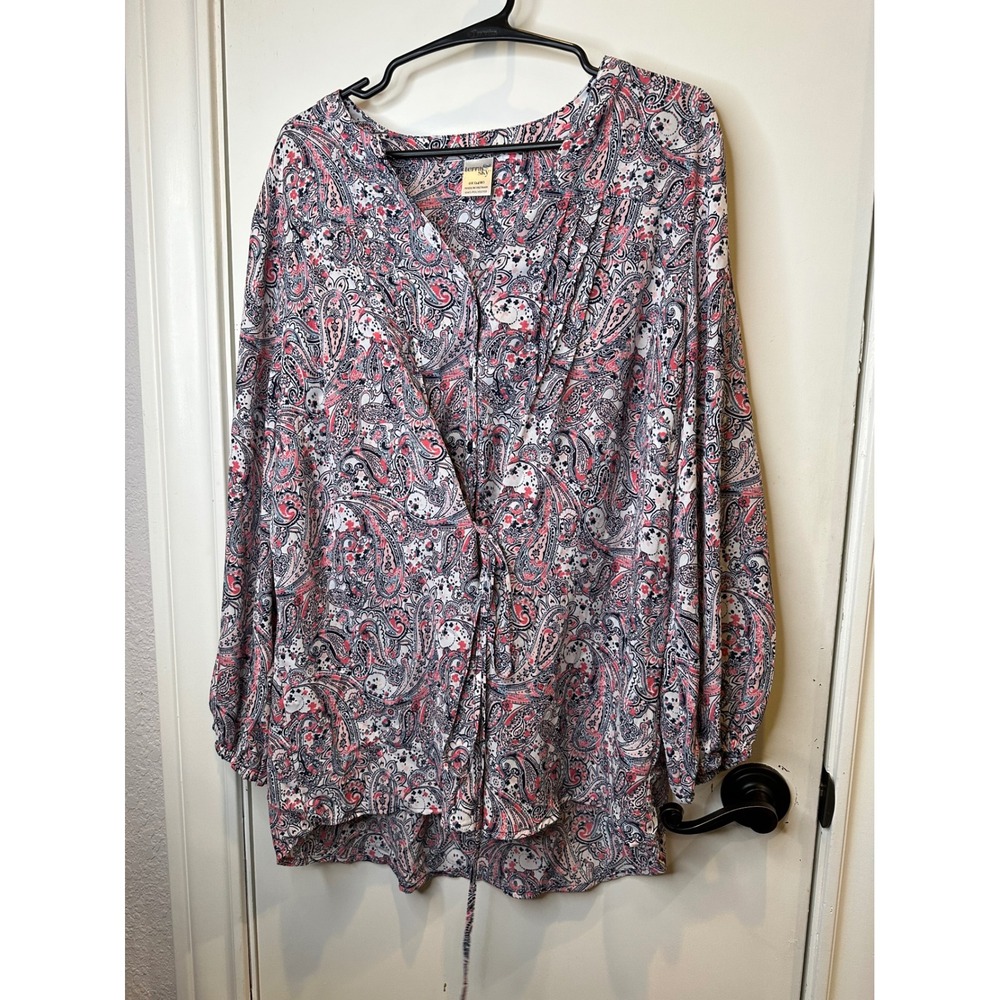 Terra & Sky Womens 0X 14W Paisley Long Sleeve Drawstring V-Neck Blouse Pink Navy